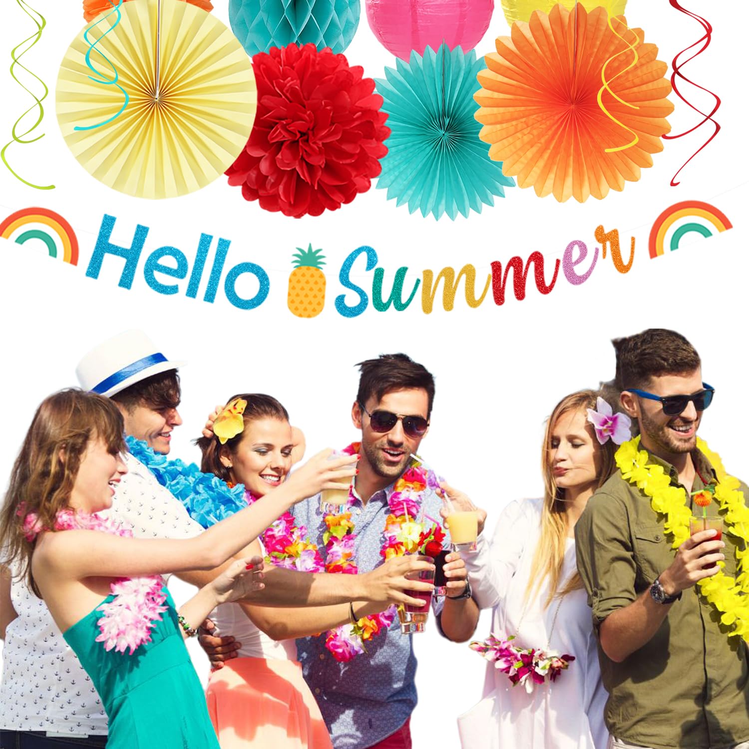 Suministros de decoración de fiesta hawaiana de Luau de verano – 21 pancartas de hola, linternas de papel para piscina, panal, guirnalda de serpentinas colgantes, pompones de tejido, abanicos de