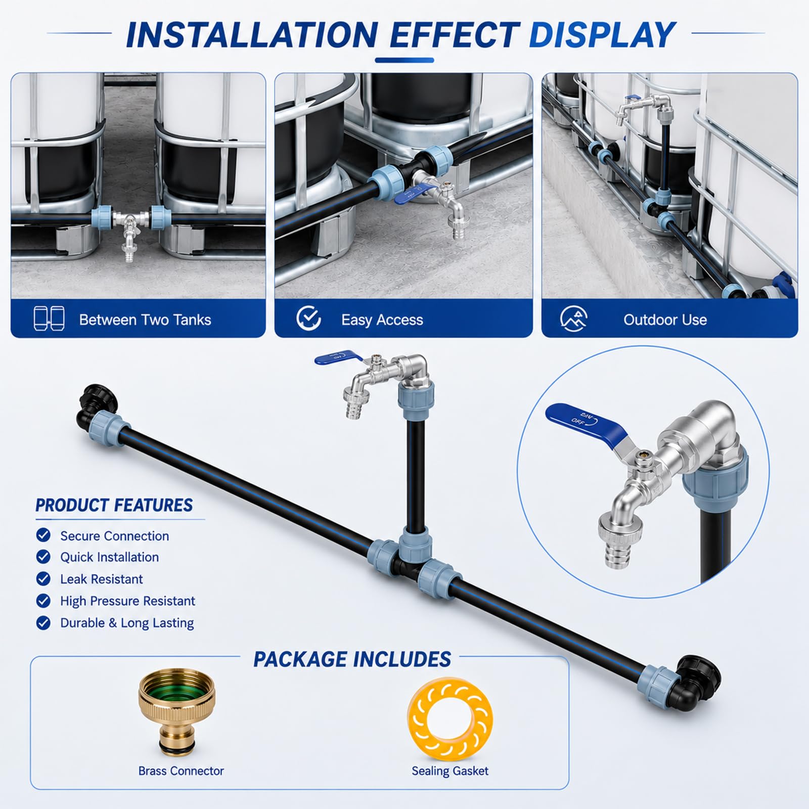 Ibc adapter z mosiężną łabędzią szyją, kran S60 x 6, kurek odcinający 3/4 cala, do 2 zbiorników IBC obok siebie/zbiorników na deszczówkę w zestawie, akcesoria do zbiornika IBC, zbiornik na wodę