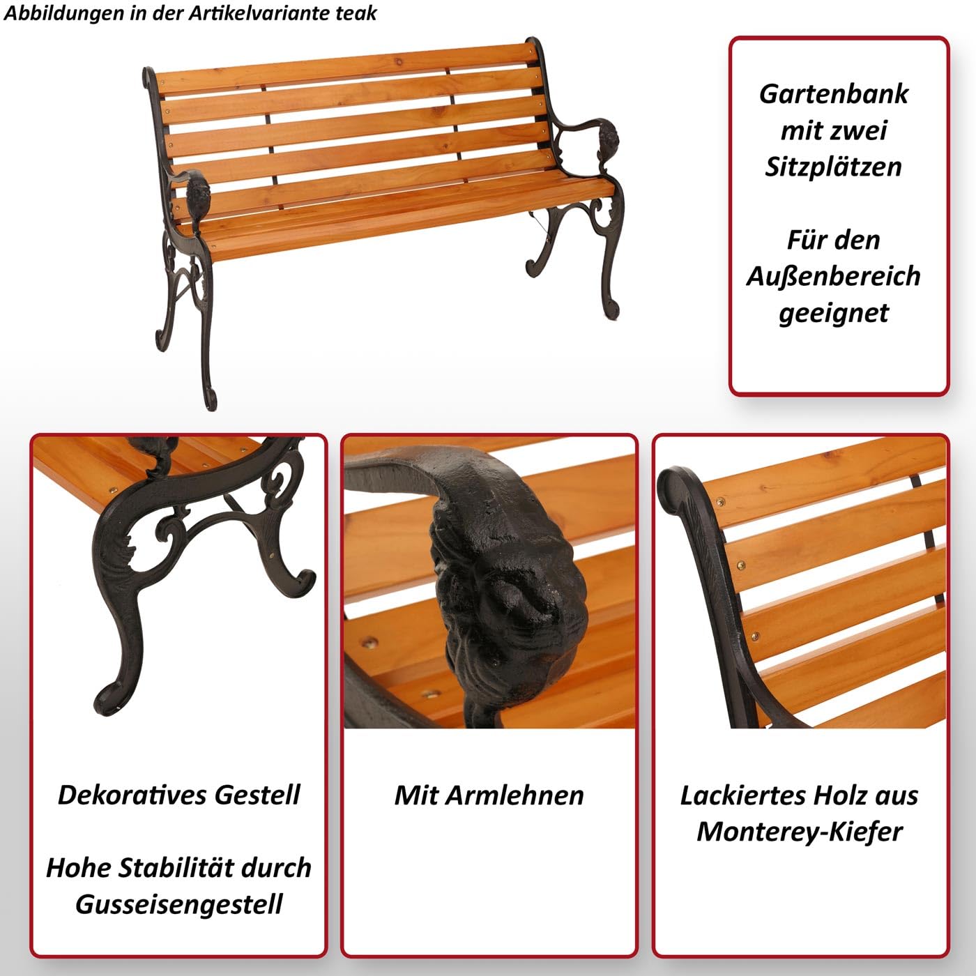 Mendler Panca da giardino HWC-O25, panchina da parco in legno 2 posti, ghisa legno pino certificato MVG, 132cm - teak