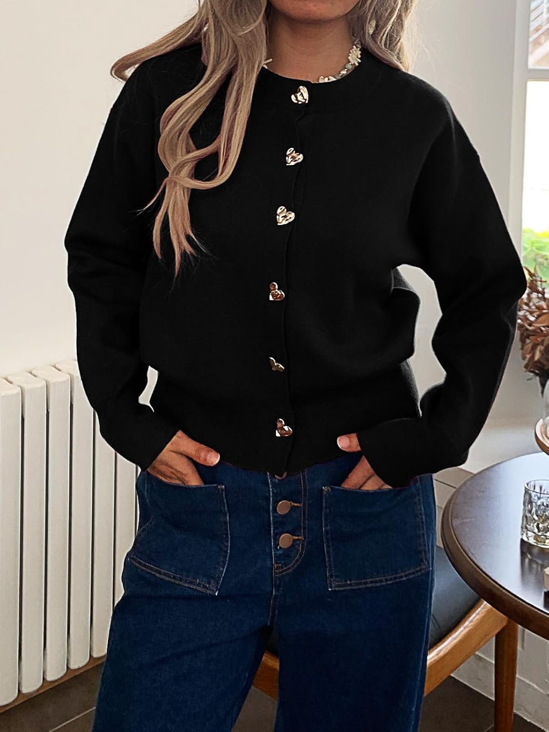 Women’s Knit Cardigan Sweater with Heart Buttons, Casual Button Down Knitwear Long Sleeve Cropped Cardigan for Fall Winter - Image 5