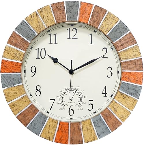 UMEXUS Reloj y termómetro para interiores y exteriores grandes relojes de pared impermeables de 13 pulgadas reloj retro silencioso sin tictac