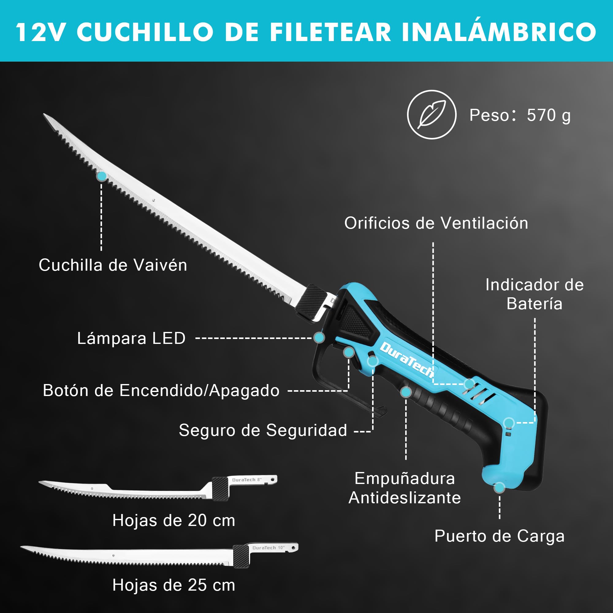 DURATECH 12V Coltello Elettrico da Cucina Senza Fili, Coltello Sfilettare Pesce con Lame da 20cm e 25cm, Batteria Integrata 2000mAh, Type-C, Blocco di Sicurezza,Ideali per Pescatori, Chef