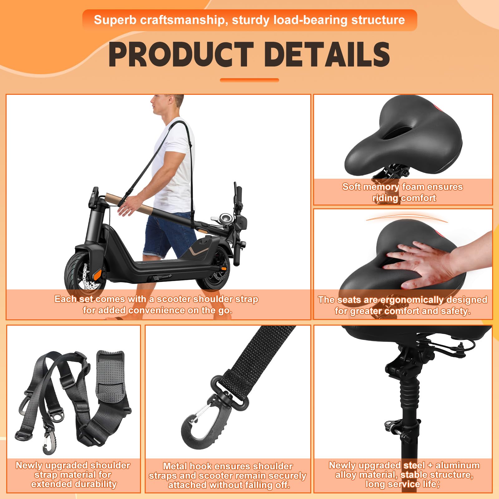 Siodełko do skutera elektrycznego do Niu KQi3, KQi3 PRO, KQi3 MAX 2019-2024, z przenośnym bagażnikiem, regulowane siodełko do Segway, regulowane, wygodne i amortyzujące wstrząsy siodełko