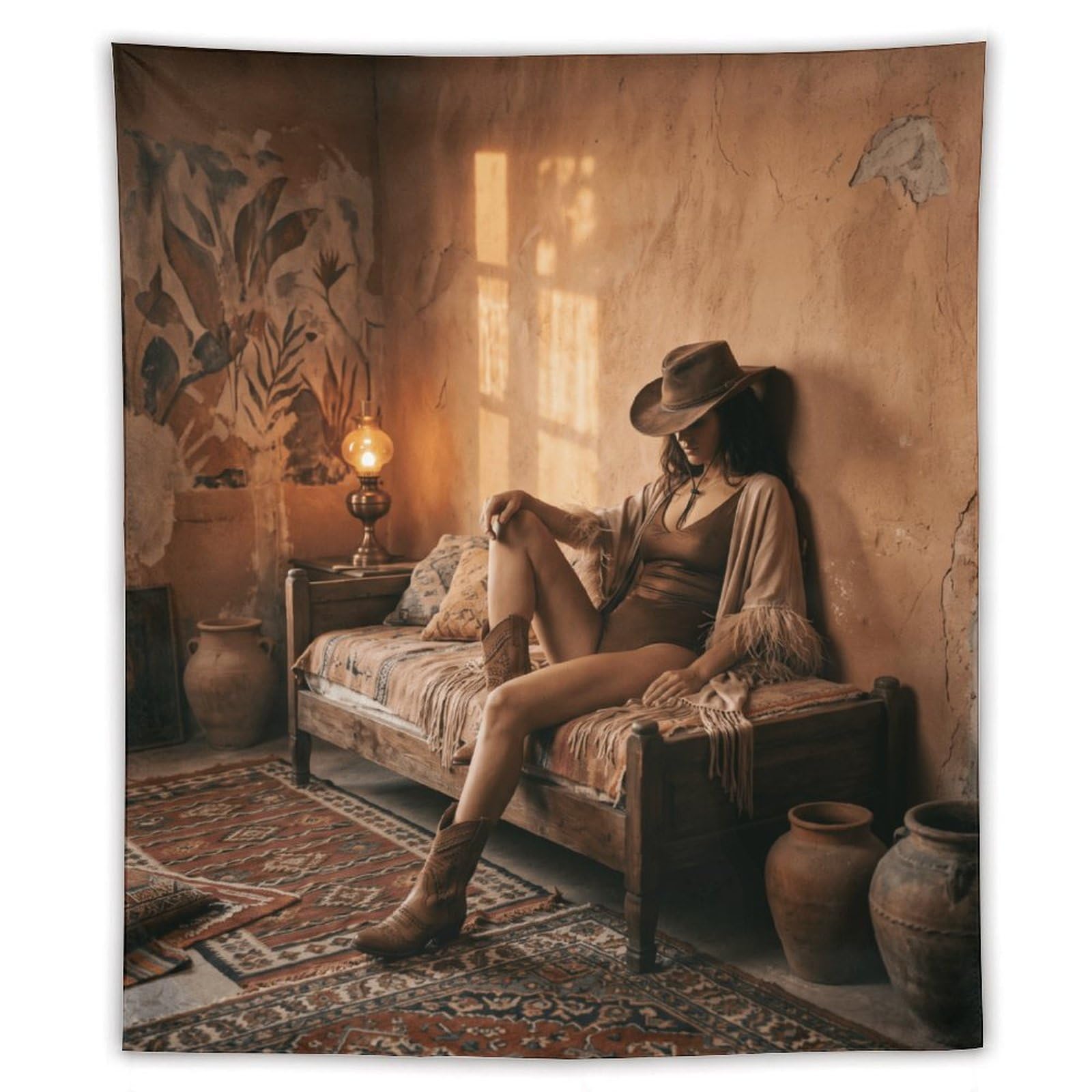 H3B8U2Y5 Boho Cowgirl Lounge Wall Tapestry, Oil Painting, Rustic Americana