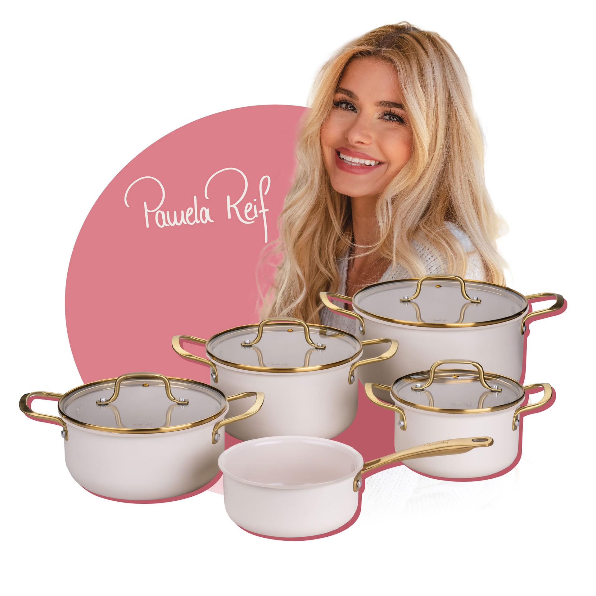 Fackelmann x Pamela Reif 9-Piece Saucepan Set - Recycled Aluminium, Pastel Beige, with Glass Lid, PFAS Free Ceramic Coating, Suitable for Induction Cookers