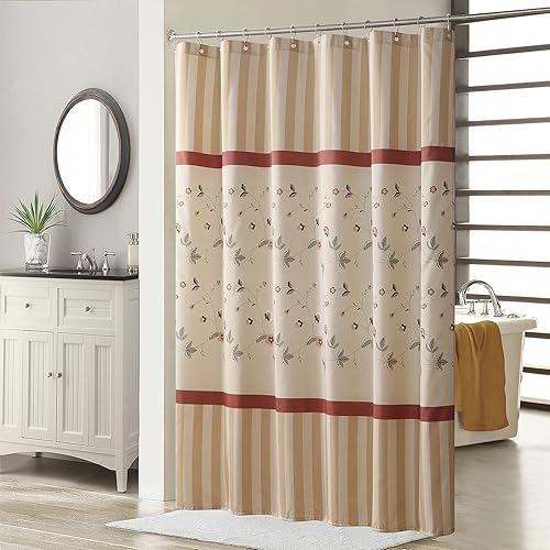 Cortina de ducha de tela floral, cortinas de ducha de flores a rayas beige para baño, cortinas de baño impermeables, 72 pulgadas de ancho x 72