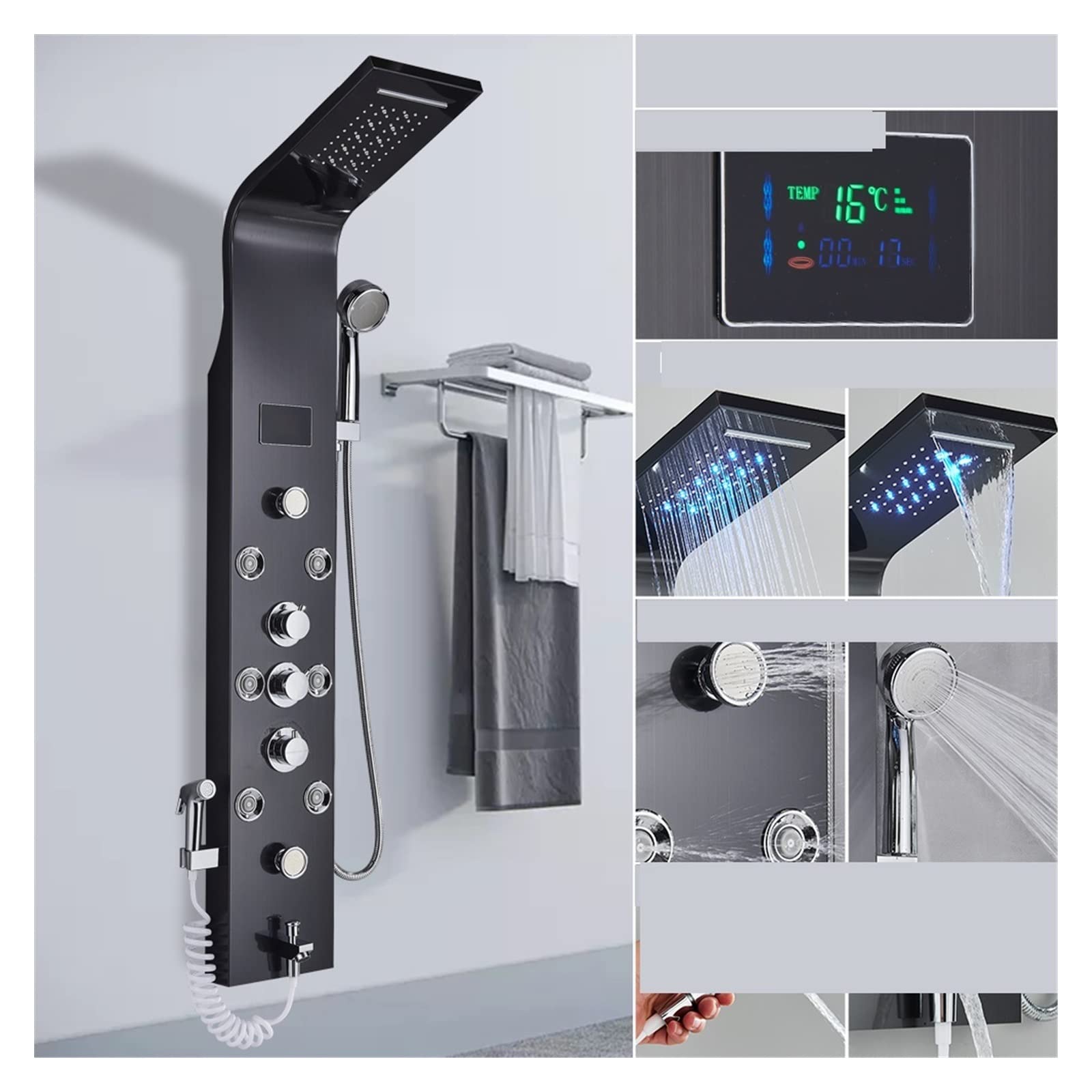 Soywim 8009 Black B Shower System, Black Led Light Shower Faucet Bathroom Spa Massage Jet Column System Waterfall Rain Panel Bidet Sprayer Tap(8009 Black B)