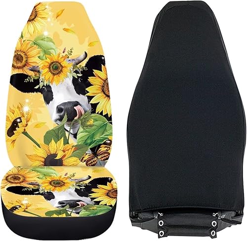 Miniatura 6 de Drydeepin Juego de 2 fundas de asiento delantero de automóvil con estampado de vaca de girasol amarillo, ajuste universal para la mayoría de