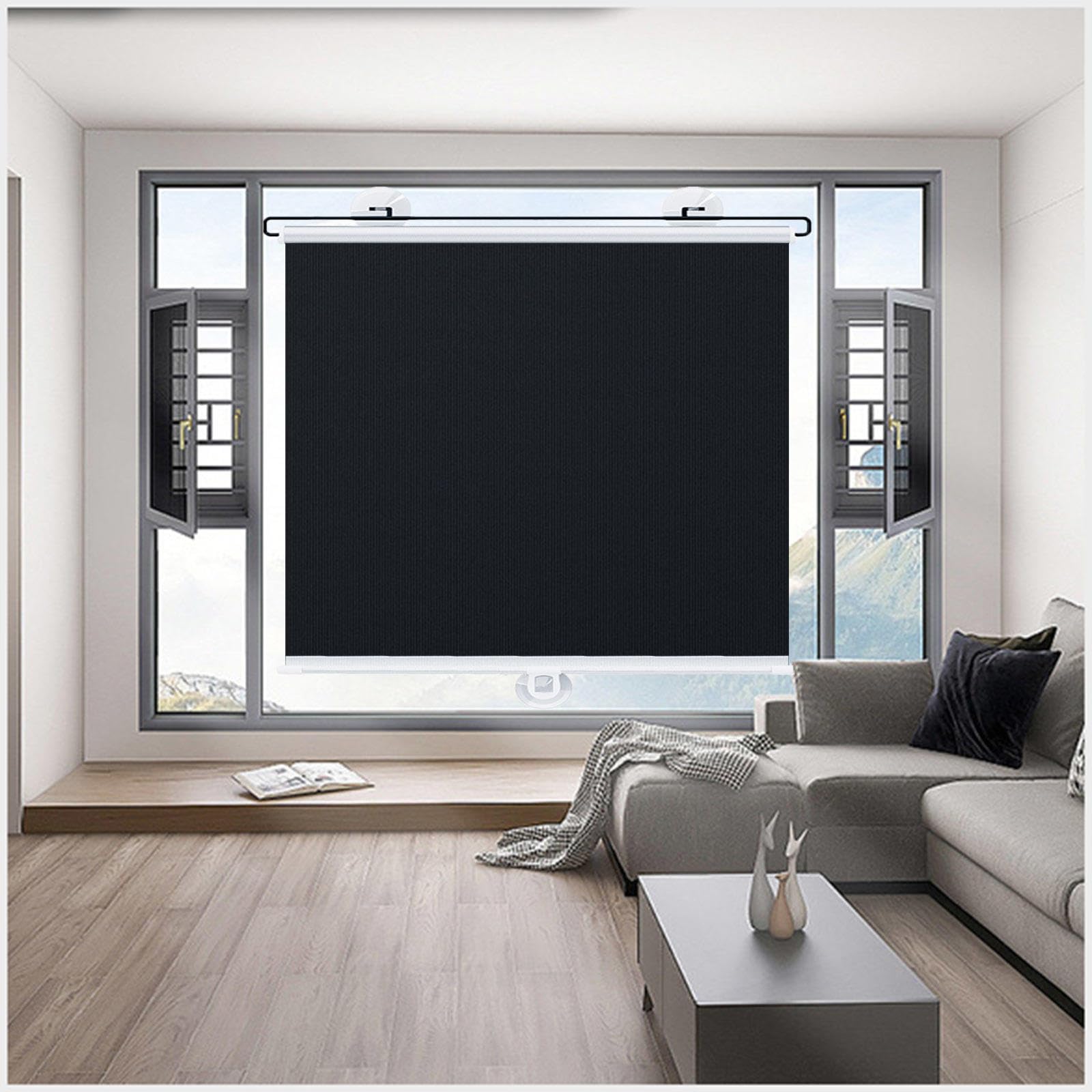 DECAKE Window Roller Shades with Suction Cups, Blackout Roll Up Blinds No Drilling, Curtains, Sunshade Blinds, Temporary Privacy Blinds,Black-65x125cm/26 * 49in