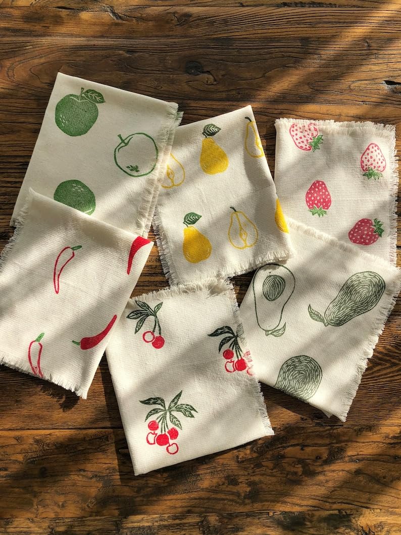 Eoqifjm As Shown In The Picture Cherry, Avocado, Strawberry, Chili Pepper, Pear, Apple Tea Towel Set, Fruit Handprinted Cotton