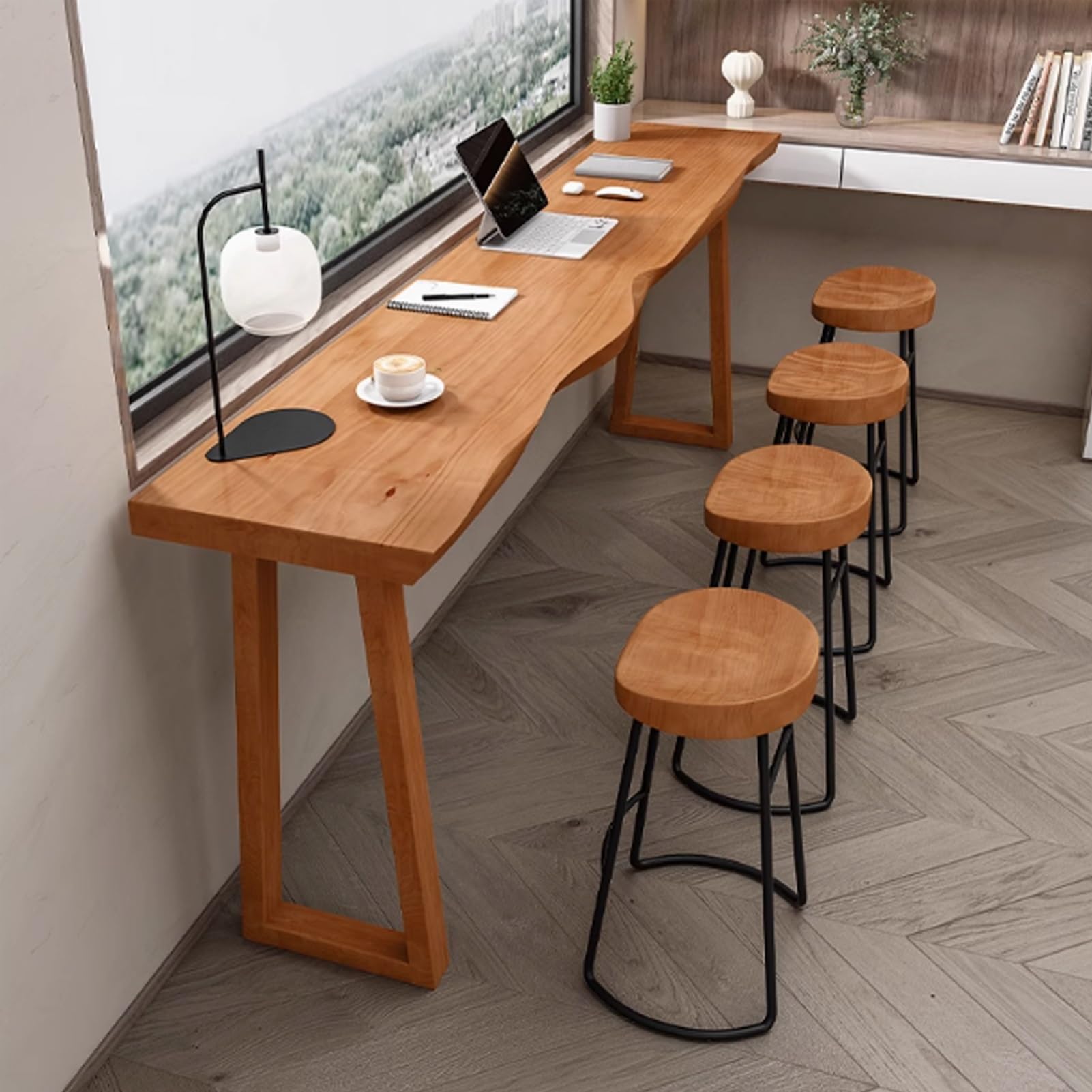 Table de bar industrielle avec cadre en bois massif robuste, hauteur de comptoir étroite, longue, pub, bistrot, pour cuisine, salle à manger, bureau, bureau rustique facile à nettoyer