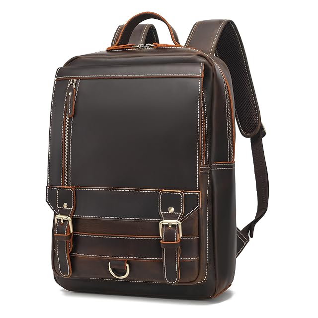 LANNSYNE Vintage Genuine Leather Backpack For Men Fits up to 16 Laptop Travel Hiking Rucksack
