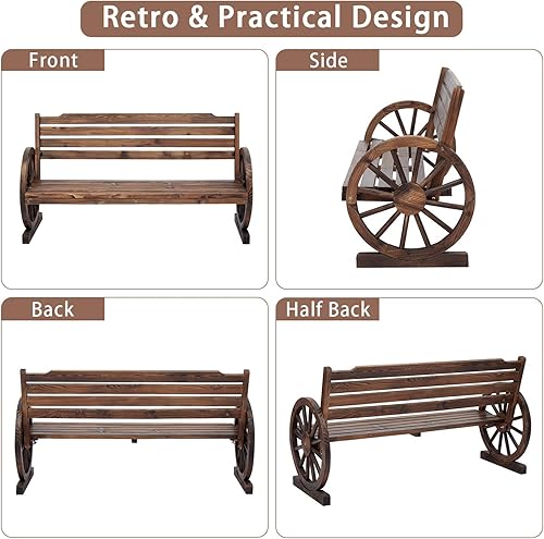 Miniatura 3 de Banco de ruedas de madera para 2 personas con respaldo, muebles rústicos para patio al aire libre