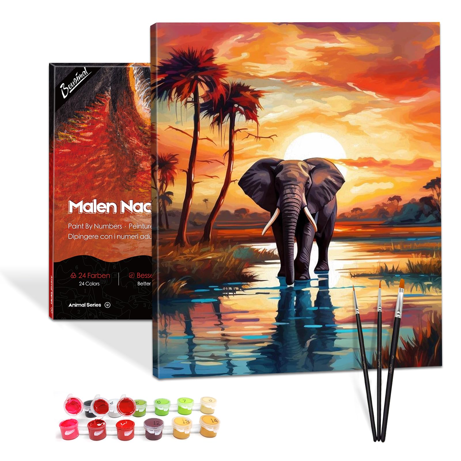 Bougimal Dipingere con i numeri adulti Animale con pennelli e colori acrilici inclusi - 40 x 50 cm, Elefante al tramonto, Con Telaio
