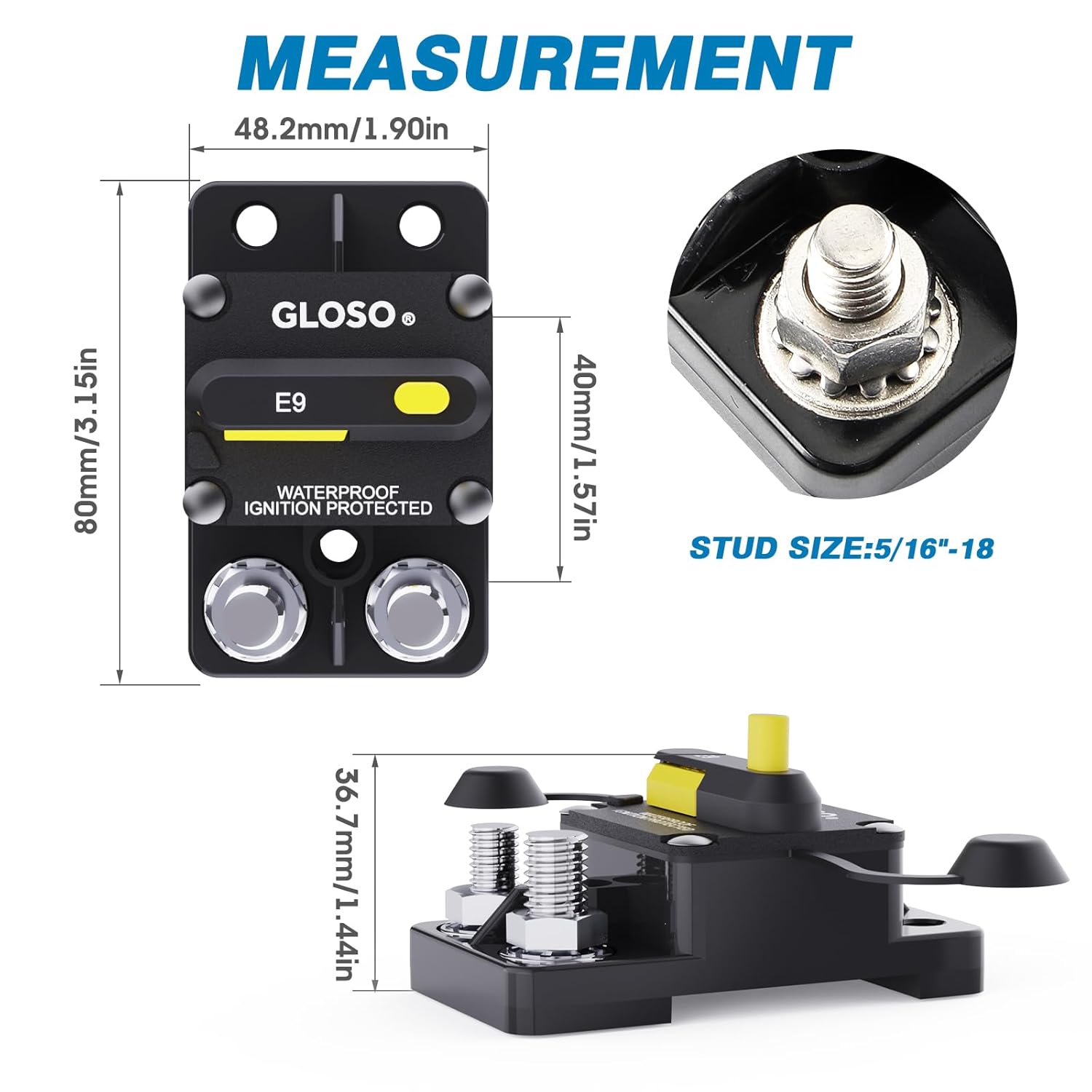 GLOSO Circuit Breaker E9C 175A Waterproof Auto Rese Breaker for Car Truck RV Automotive Marine Boat Trolling Motor & Custom Wiring Audio Battery Protection Side by Side Stud IP67 Hi-Amp (175A)