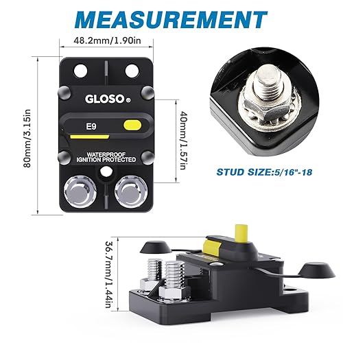 Miniatura 10 de GLOSO Disyuntor de circuito para automóvil, camión, RV, automotriz, barco marino, E99, impermeable, IP67, camión, Hi-Amp E99 (montaje en superficie,