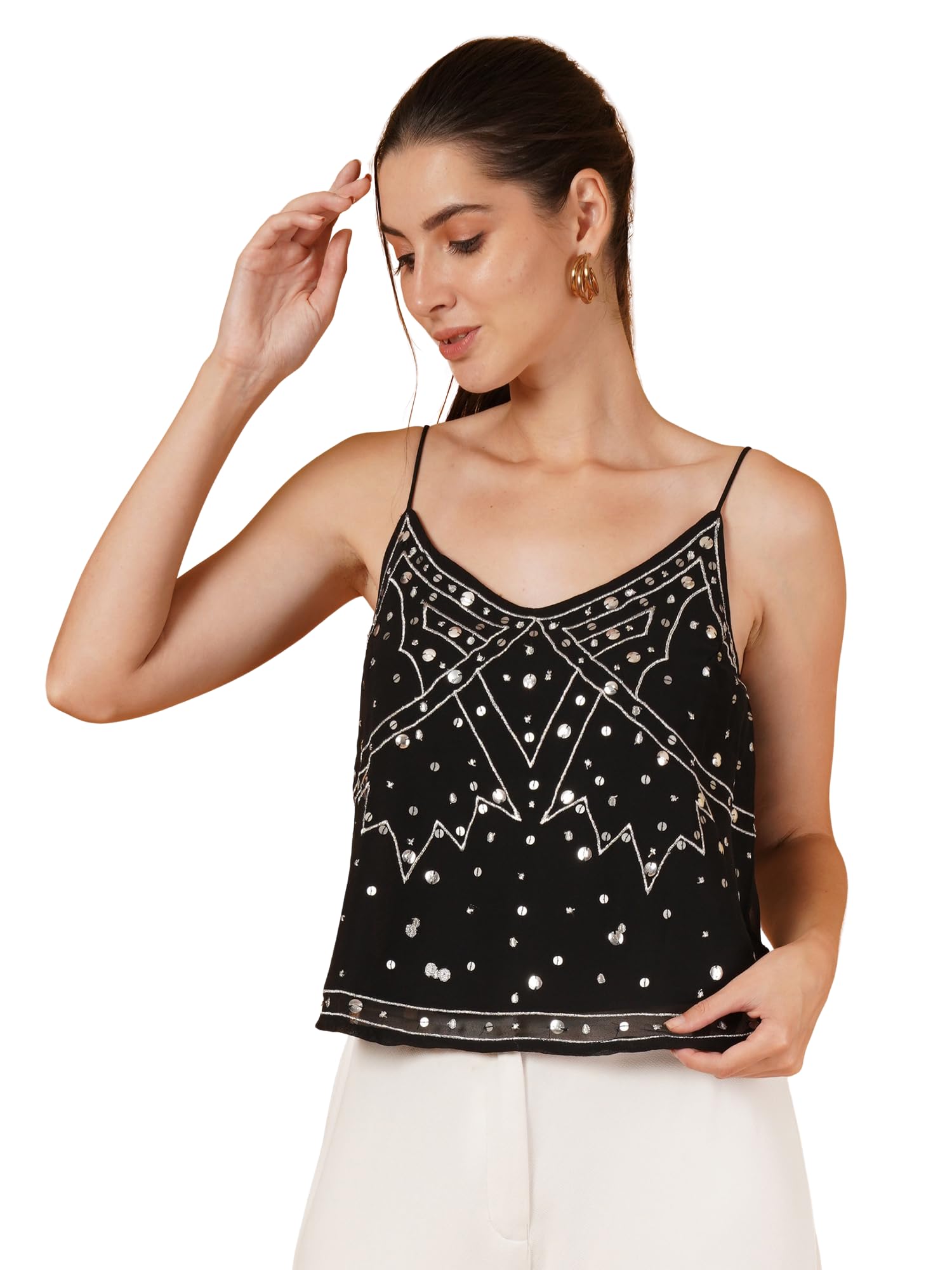 9 Impression Women Black Sequinned Sleeveless Crop Top-image-4