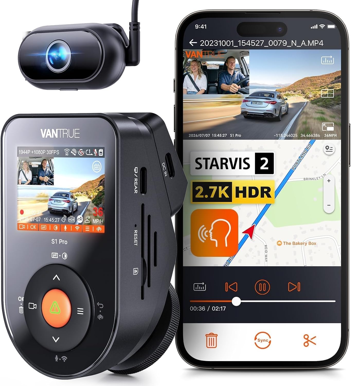 Vantrue S1 Pro DMS 2.7K Dash Cam Front and Inside, STARVIS 2 AI Dash Camera