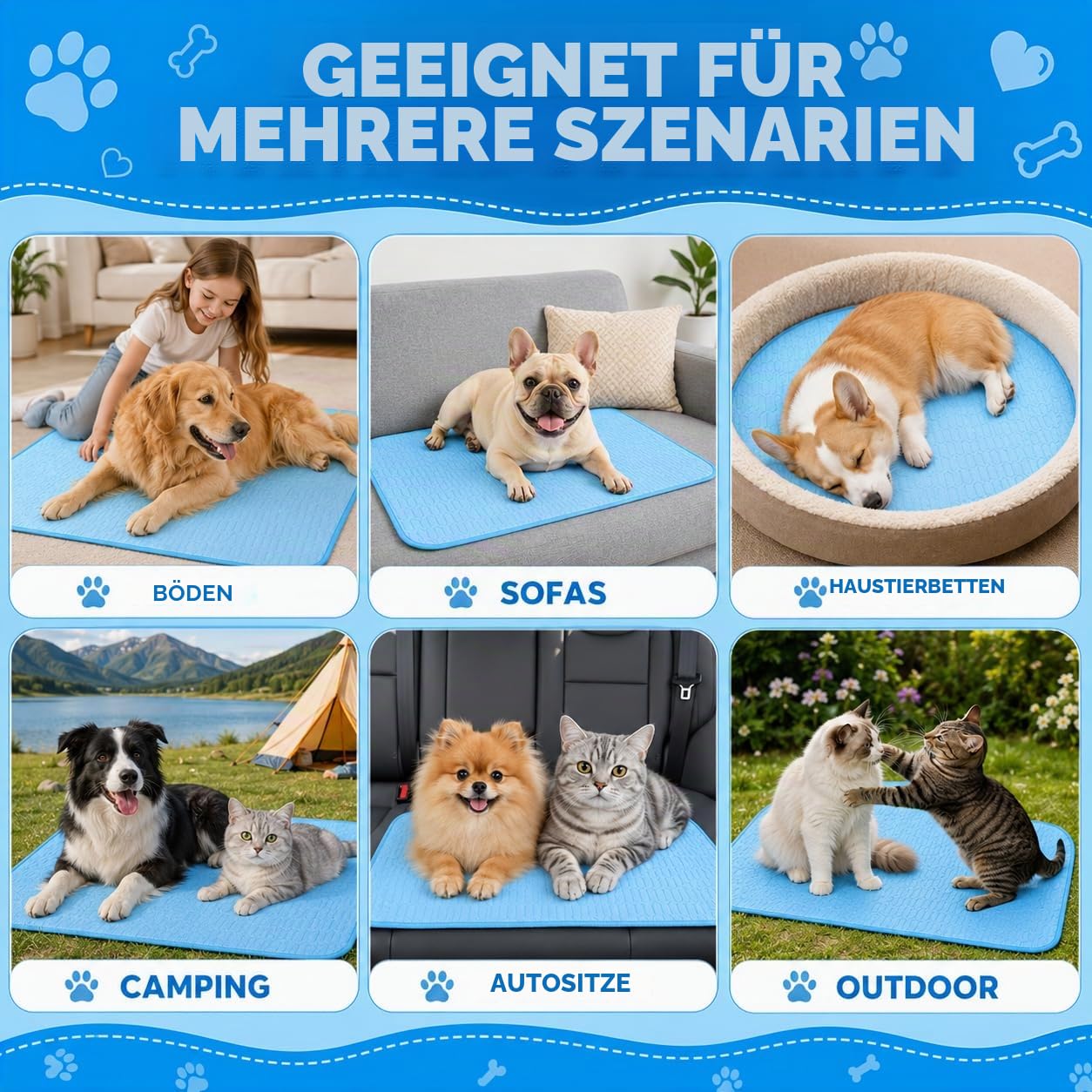 JIEBAO Kühlmatte Hunde, 100 * 70cm Selbst Kühlende Matte für Hunde Katzen, Waschbar Kühlmatte Hund, Kühlkissen Hundematten für Sommer Unterwegs Zuhause oder im Auto (L)