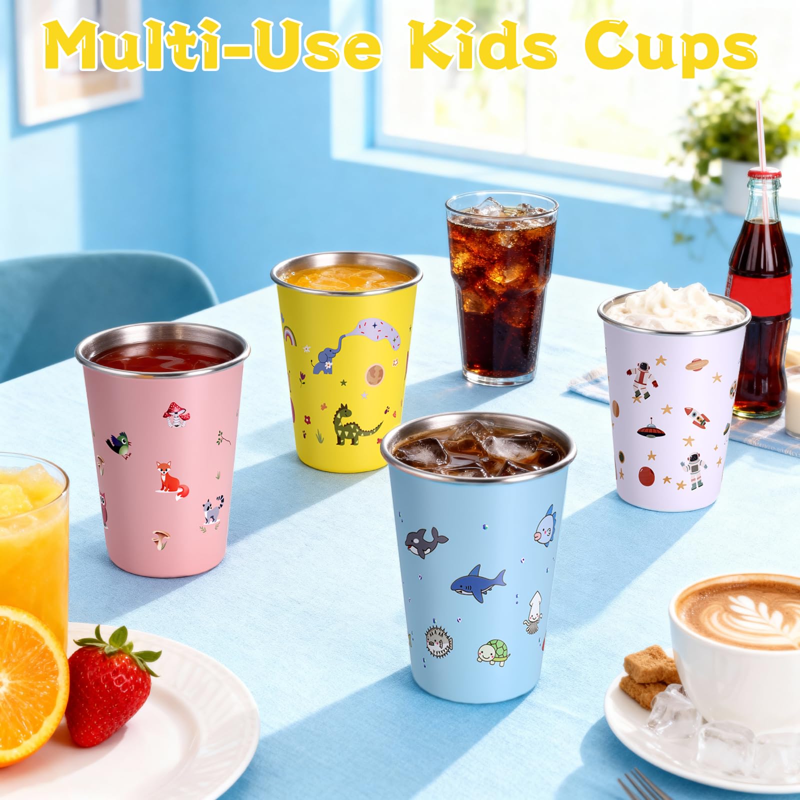 Hejo 4 Pièces Tasse Inox pour Enfant, 350ml Gobelets Réutilisables pour Filles et Garçons, Tasse Inox Incassable pour École, Maison, Plein Air