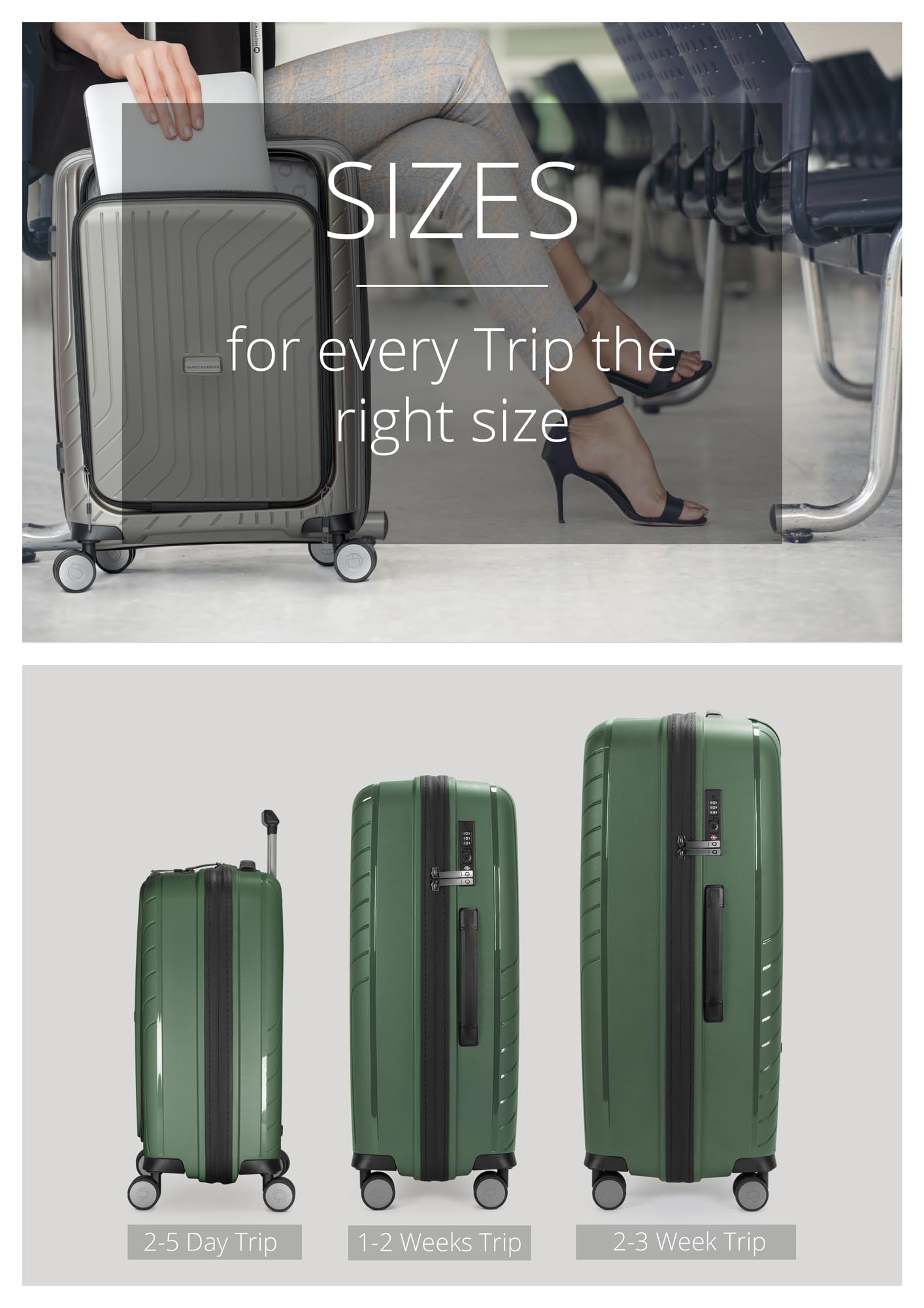 Hauptstadtkoffer TXL Zestaw Walizek 3 Sztuki S M L, Twarde Walizki z Zamkiem TSA, Zestaw Trolley 4 Kółka, Walizka Kabinowa 55 cm z Kieszenią na Laptop, Ciemnozielony