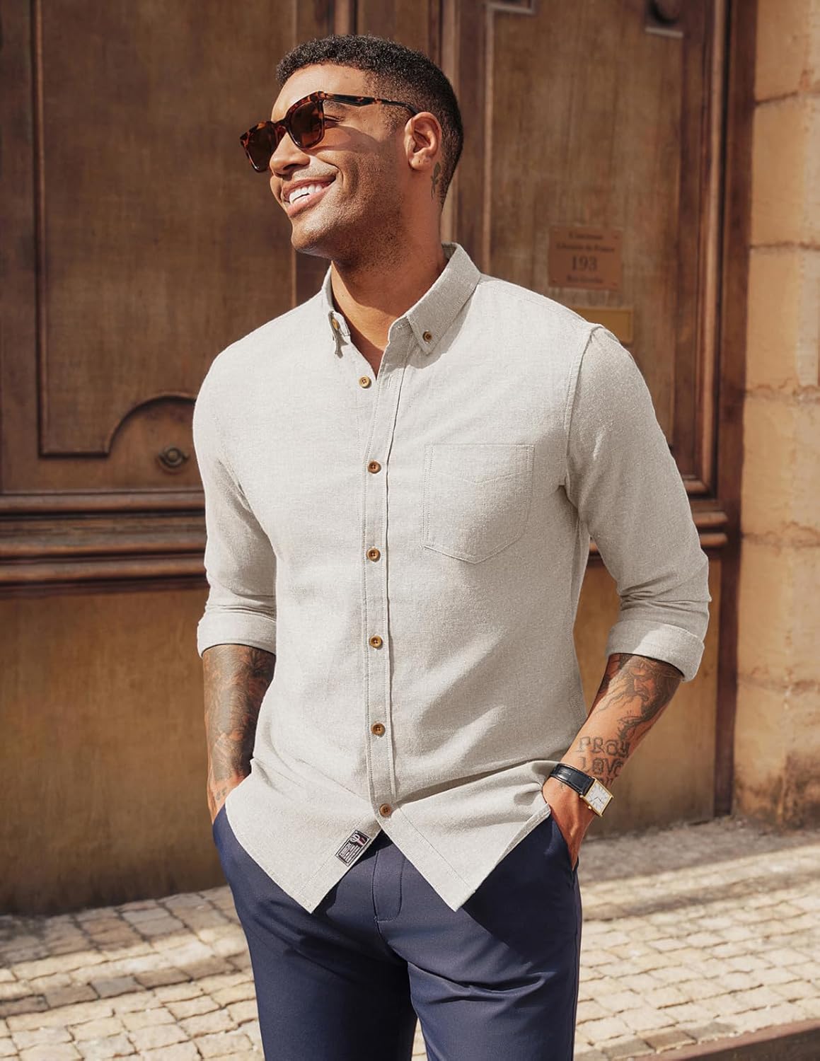 PJ PAUL JONES Mens Classic Fit Linen-Cotton Shirt Button Down Long Sleeve Casual Business Shirts - Image 2