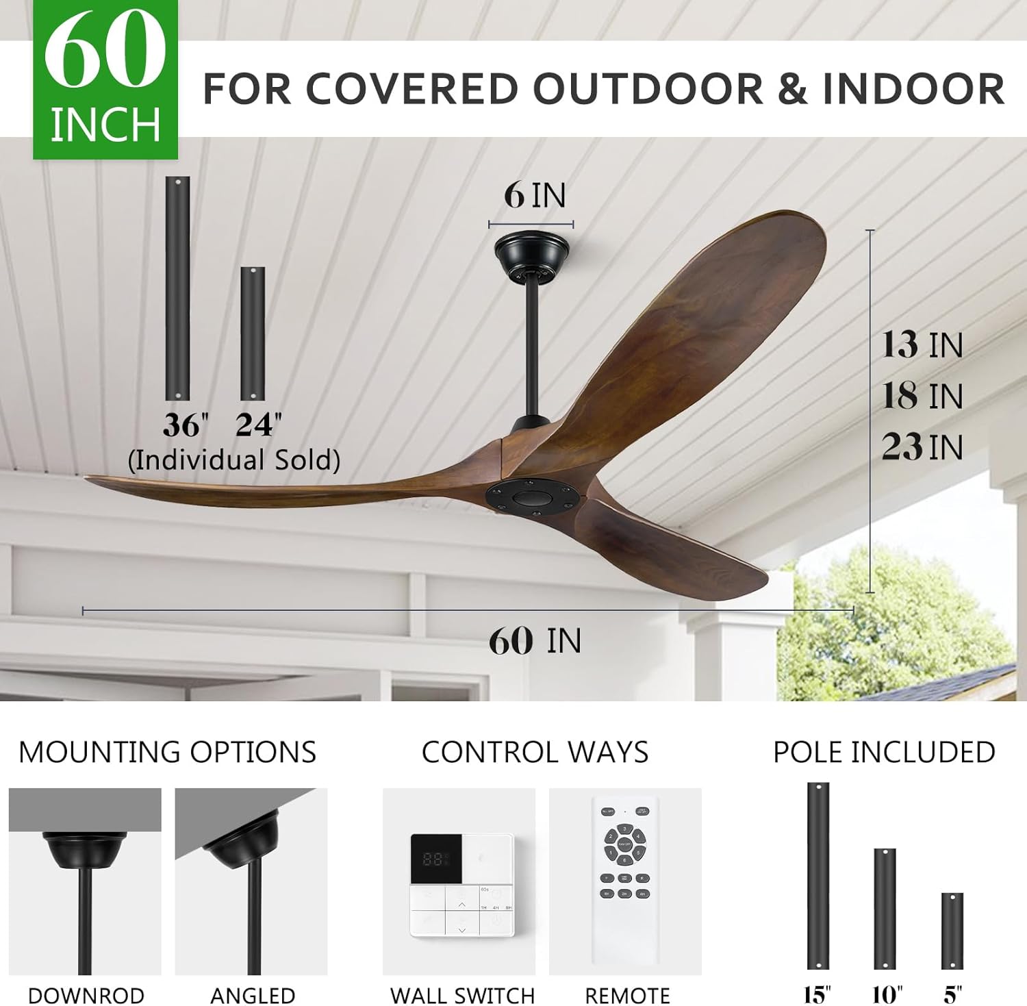Eliora Ceiling Fan without Light, 60 Inch Wood Ceiling Fan no Light with Remote Wall Switch, Outdoor Fan for Patio, Porch, Bedroom, 6 Speed, Quiet DC Motor, ETL Listed-Deep Walnut