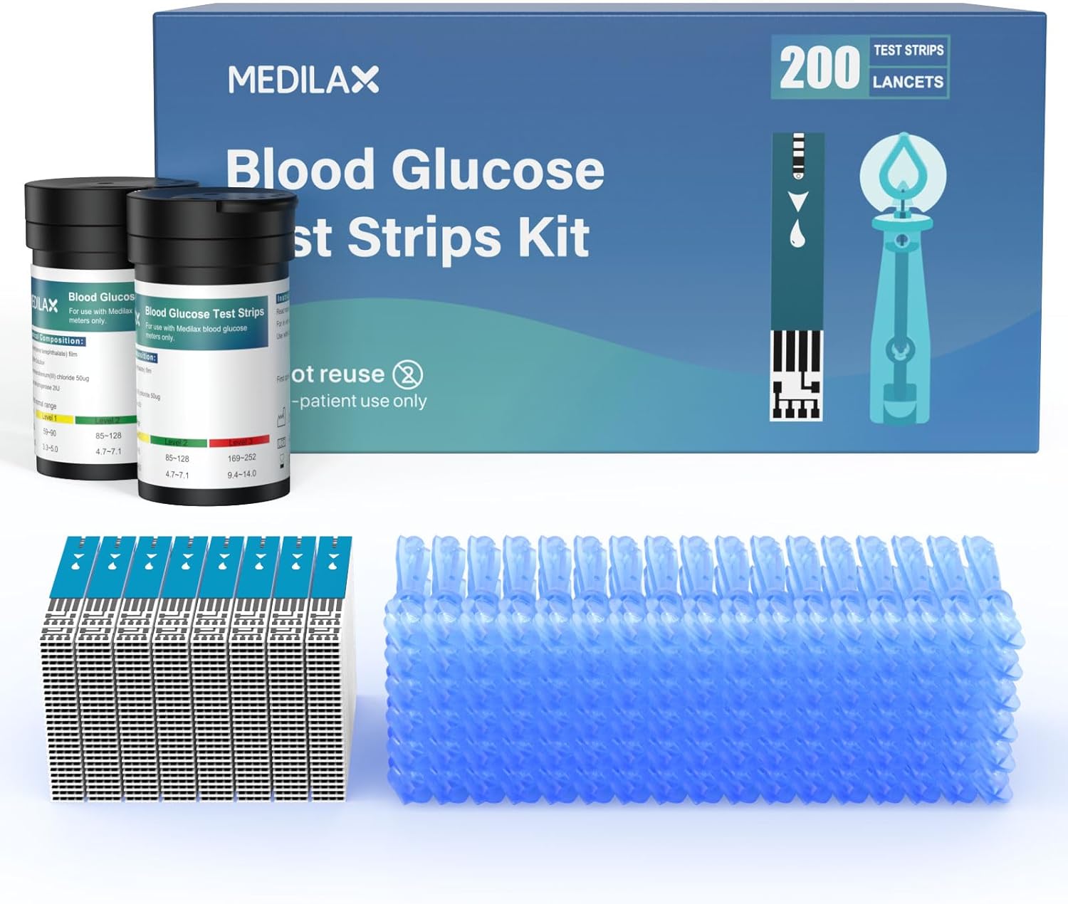 Medilax Blood Glucose Test Strips, 200 Counts Blood Sugar Test Strips + 200 Counts Lancets, Only for Medilax Blood Glucose Monitor Kit for Diabetes, High Accuracy & Fast Results