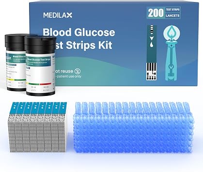 Medilax Blood Glucose Test Strips, 200 Counts Blood Sugar Test Strips + 200 Counts Lancets, Only for Medilax Blood Glucose Monitor Kit for Diabetes, High Accuracy & Fast Results