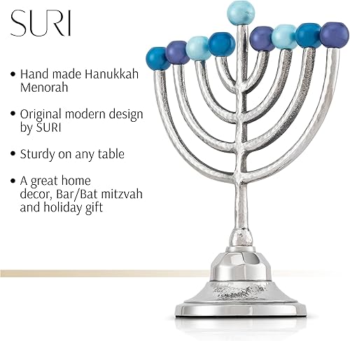 Miniatura 4 de Menorá infantil para Hanukkah, diseño contemporáneo con cuerpo de aluminio, 9 ramas pintadas a mano, menorá de Janucá judía - para niño o niña
