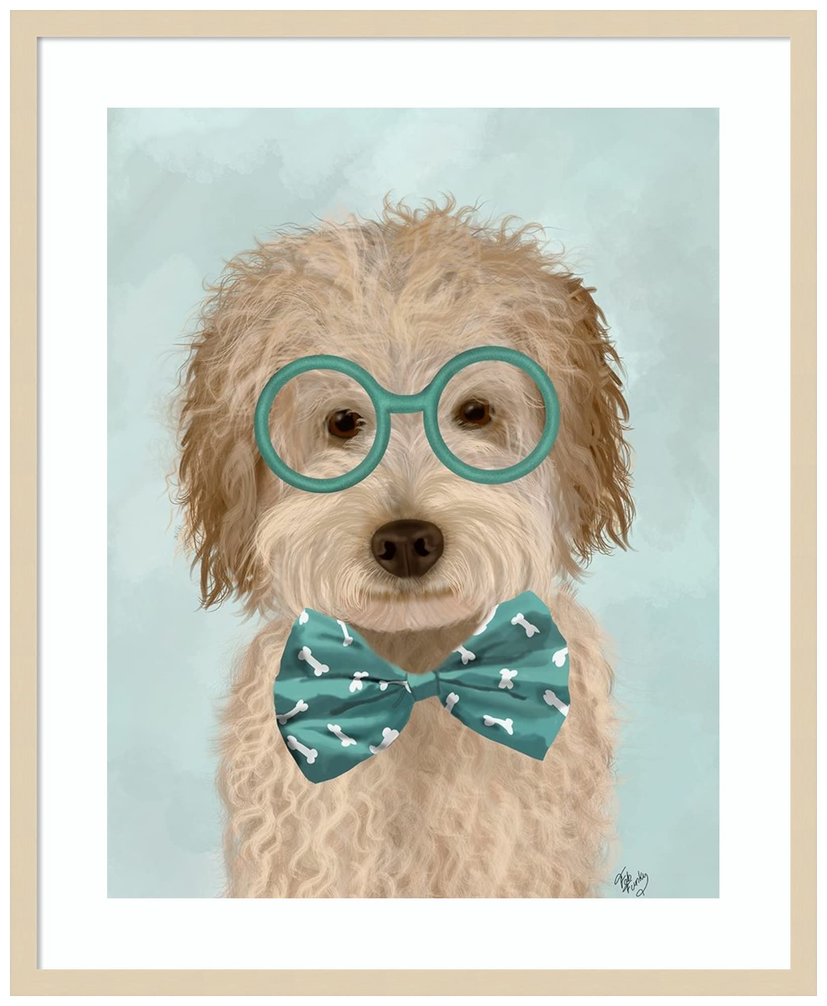 Amanti Art Framed Wall Art Print 33x27 Labradoodle Cream with Glasses and Bow Tie by Fab Funky, Animals Wall Art, Whimsical Decor, Large Poster Painting Artwork for Living Room, Bedroom, Bathroom,