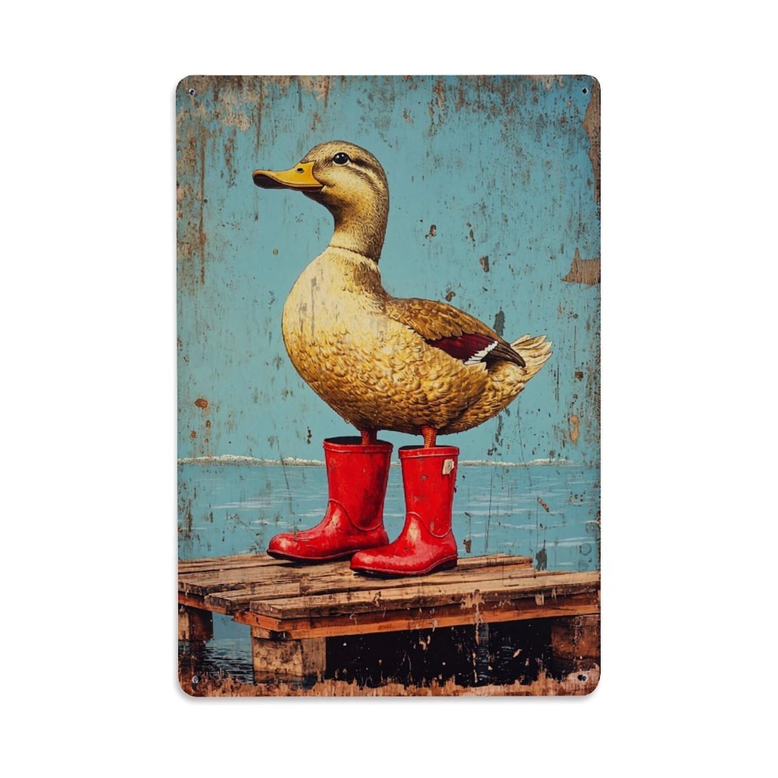 Jdfenggu Vintage Duck In Red Boots On Dock Retro Metal Tin Sign, Decor Art Poster For Bar, Home, Man Cave, Kitchen, Laundry Room Gift 8X12inch