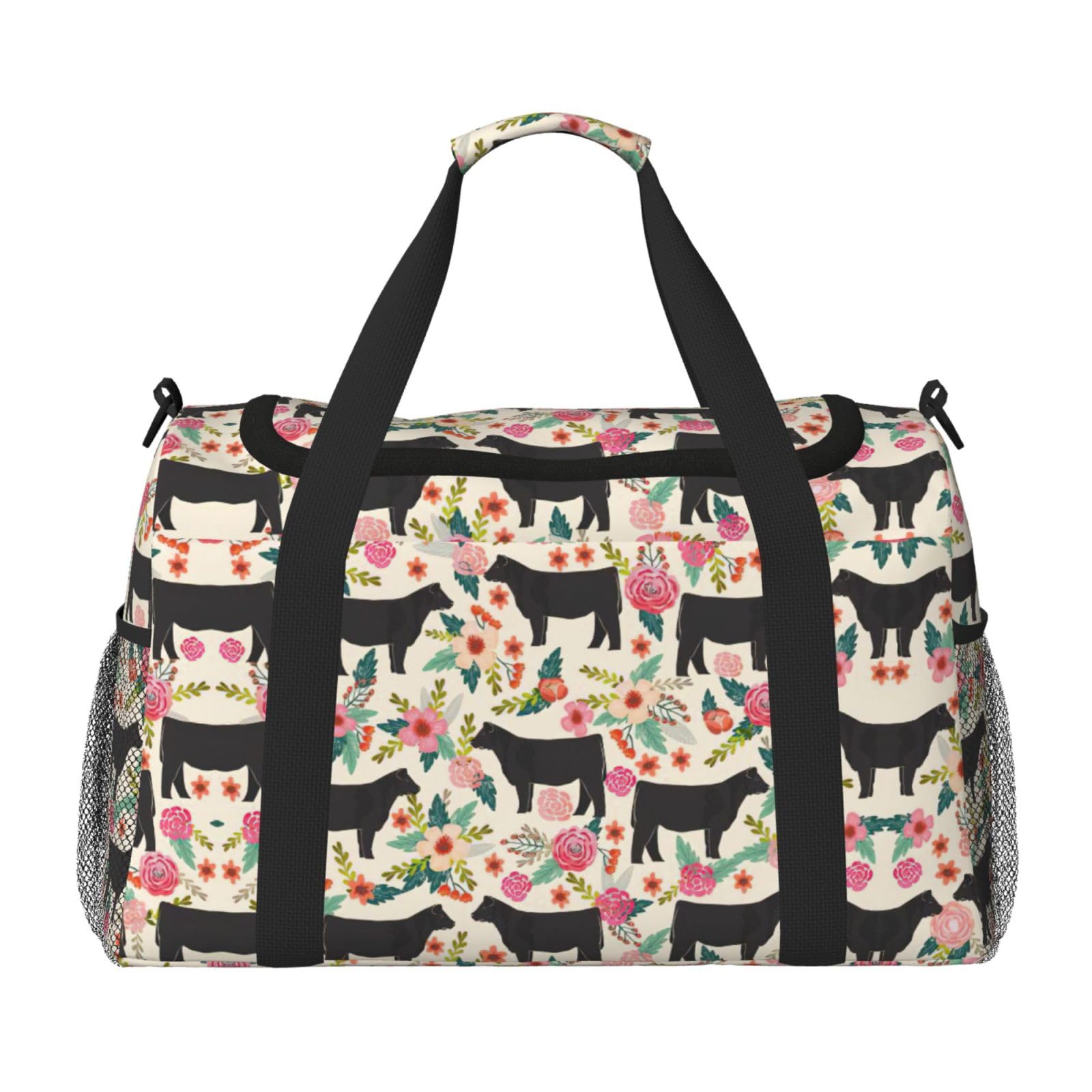 Pink Flower Show Steer Cows Bydło Podróżna torba sportowa Torba weekendowa Weekender Overnight Carry On Hand Bag Trening Sport Szpital