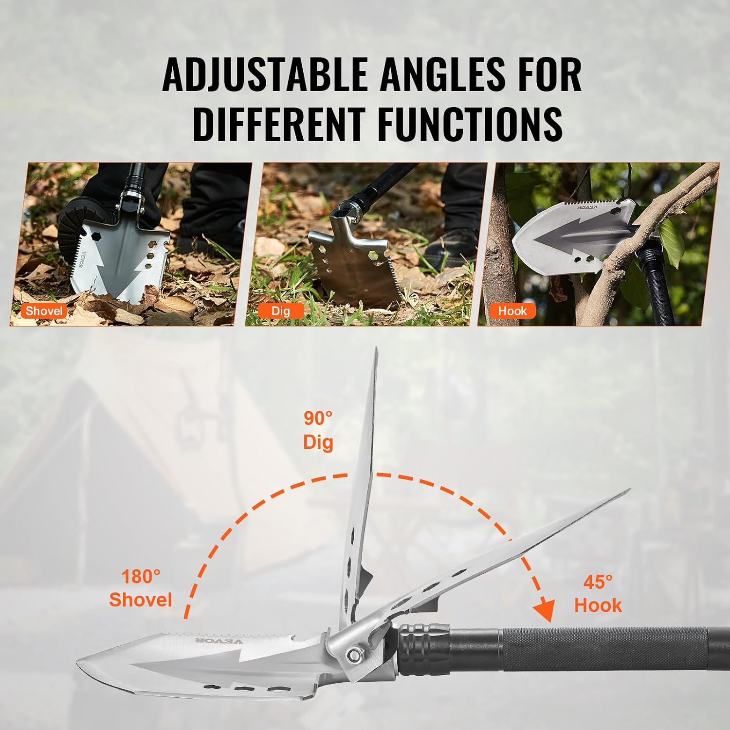 VEVOR Survival Shovel, 11 in 1 Camping Shovel Folding Multitool Kit, Portable and Compact, Stainless Steel, Multifunction for Off-Roading, Camping, Hiking, Outdoor, Survivalist and Emergency