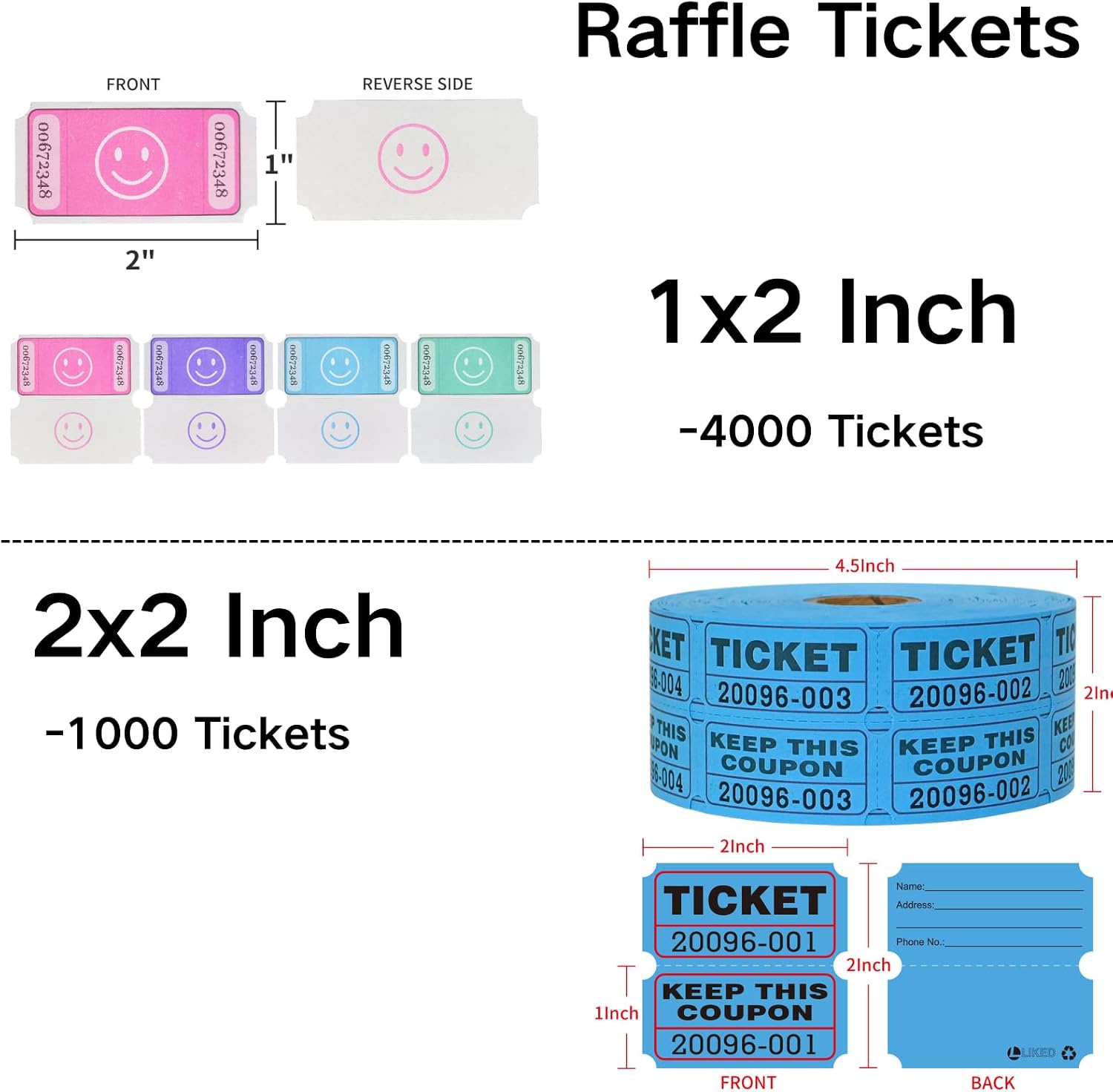L LIKED Raffle Tickets Rolls,5 Rolls，includes 4000 pack 1 "x2 raffle tickets and 1000 pack 2 "x2 raffle tickets