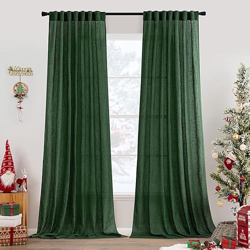 MIULEE Linen Curtains 96 Inch Length for Living Room 2 Panels, Hunter Green Back Tab Pocket Light Filtering Semi Sheer Soft Linen Emerald Dark Green Christmas Drapes Farmhouse Boho Curtain for Bedroom