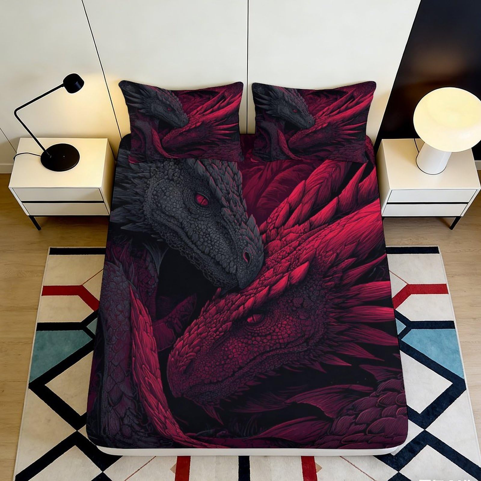 3D Printed Red Dragon Fitted Sheet Microfiber Soft Anti-Slip Black Fantasy Mattress Cover for Bedroom Dorm Easy Care Decor 90x200x25cm