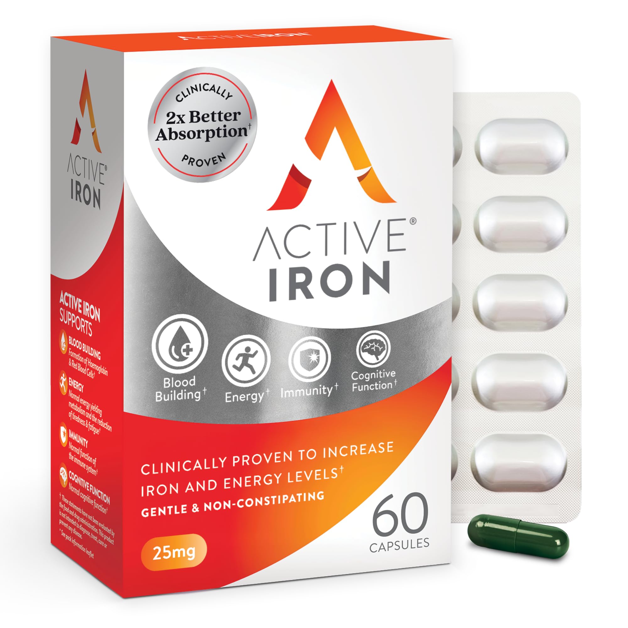 - Active Iron Supplement 25mg – Clinically Proven to Increase Iron & Energy Levels – Gentle, Non-Constipating, Highly Absorbed – 60 Capsules