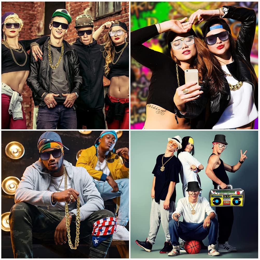 CEWROM Zestaw kostiumowy hip-hopowy, 4 sztuki, strój męski w stylu lat 80-tych XX wieku, akcesoria rapera, znak dolara, złoty łańcuszek, okulary przeciwsłoneczne, złoty pierścionek hipisowski