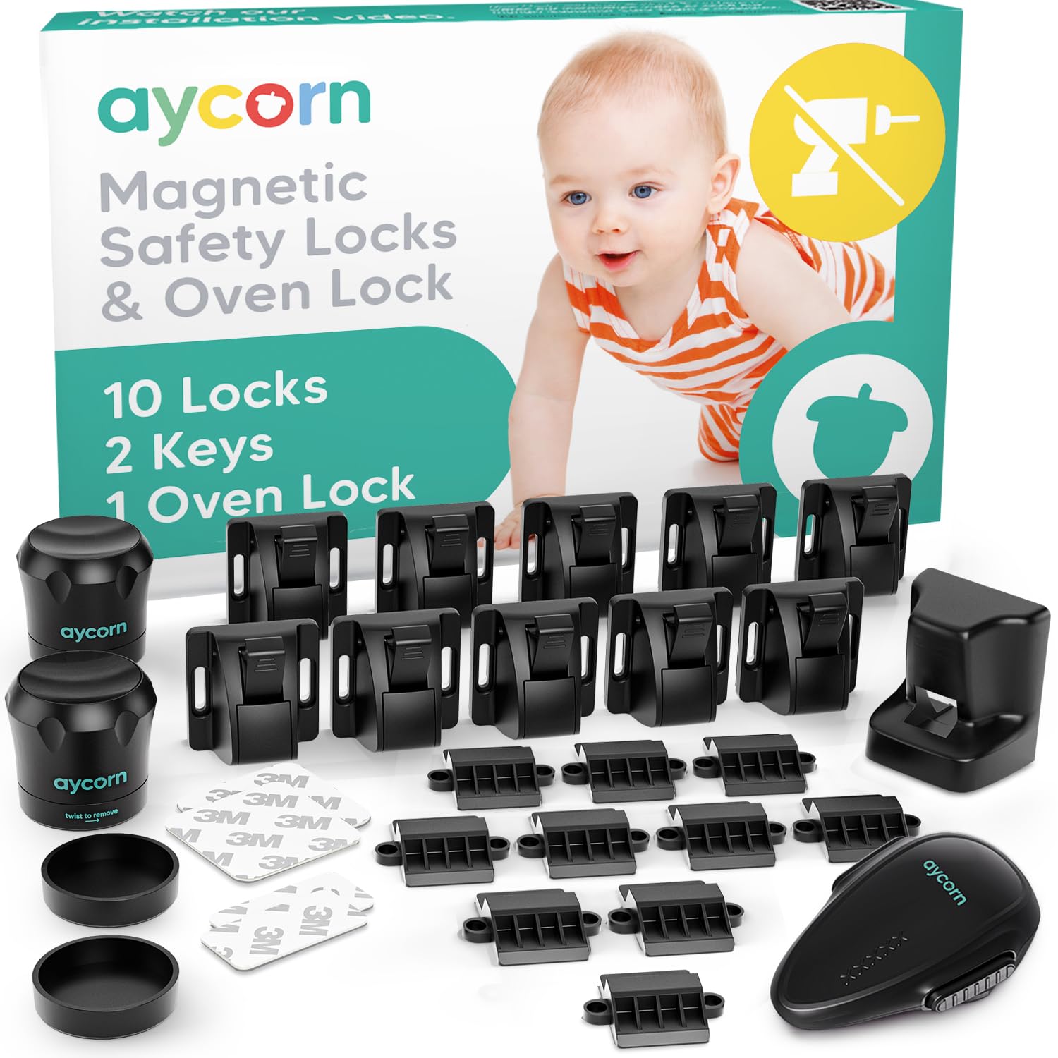 AYCORN® Magnetic Safety Cupboard Locks [10x] & Oven Lock [1x] for Children [Includes 2X Keys] Child & Baby Safety Proofing for Kitchen, Cabinets and Drawers, 30 Second Install