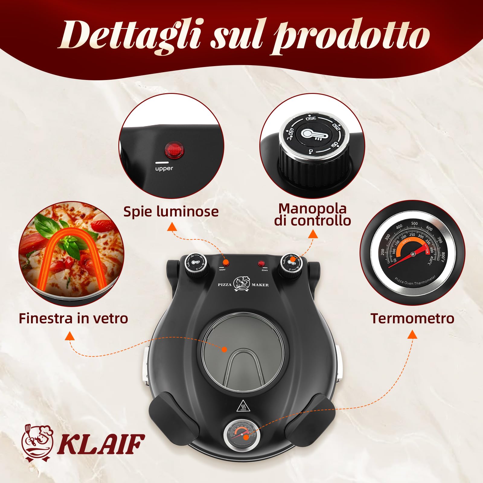 KLAIF Forno per Pizza Elettrico 420 °C, calore superiore e inferiore regolabili separatamente, pietra per pizza in ceramica da 31 cm, 1200 W, forno pizza compatto per casa, modello LM-nero