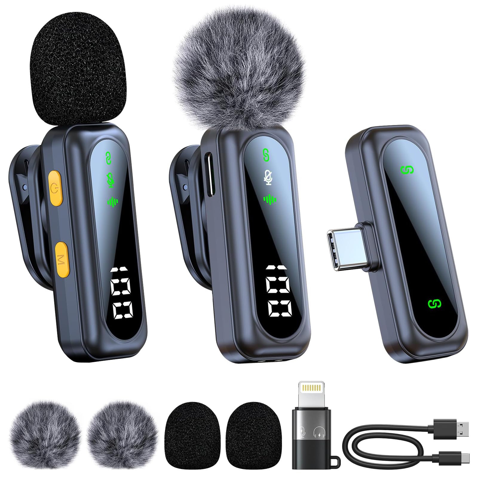 Wireless Lavalier Microphone for iPhone & Android, Dual Clip-On Lapel Mic with Noise Cancelling