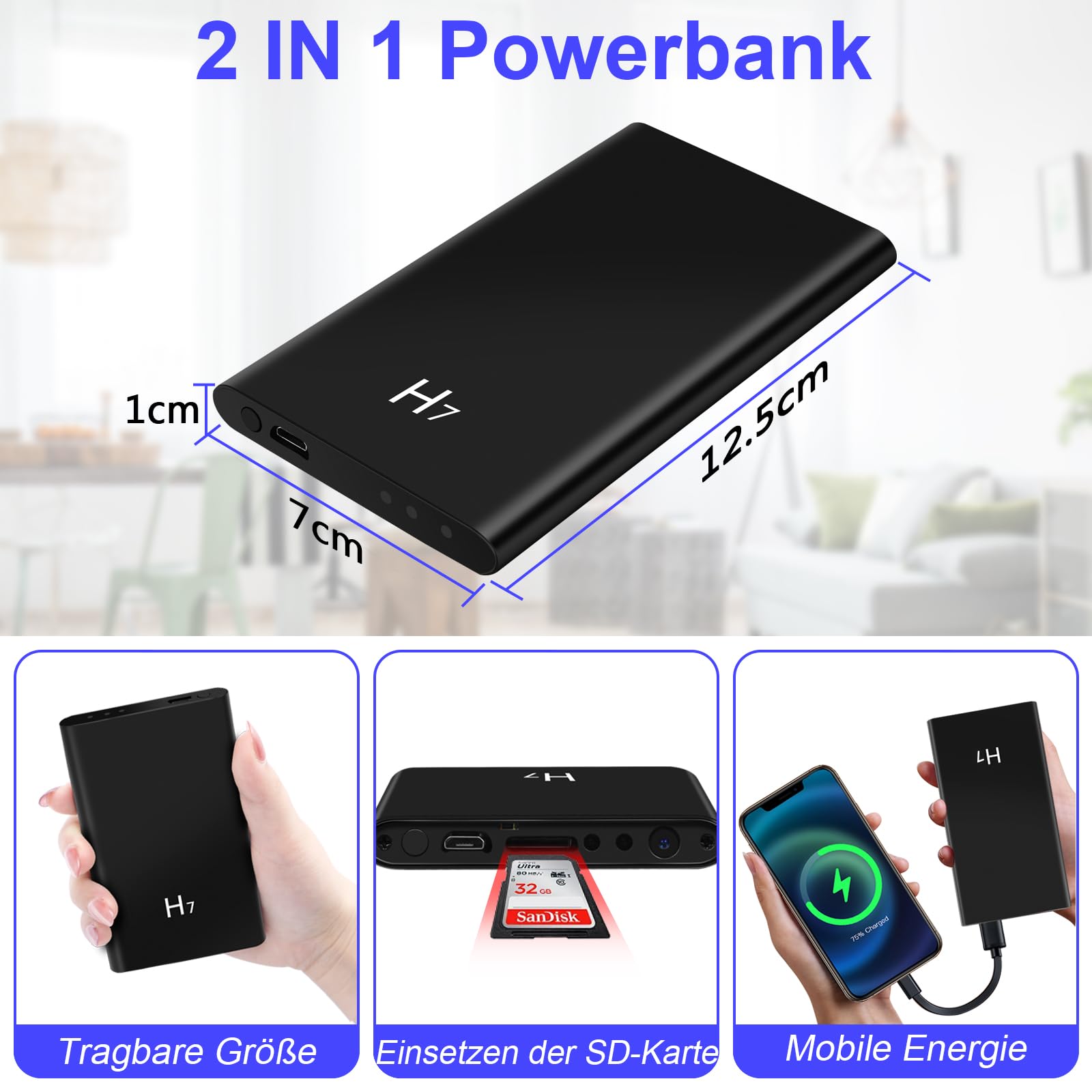 Powerbank-Minikamera, HD 1080P Klein Kamera mit Nachtsichtfunktion, Videokamera, 5000mAh Powerbank-Kamera mit 3-in-1-USB-Kabel