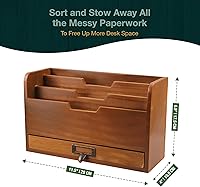 Vista 3 de Organizador de escritorio de madera rústica, clasificador de archivos vertical con 3 compartimentos y 1 cajón de bandeja de papel, madera de caoba