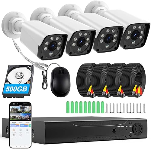 H.265+ Cámara de seguridad con cable DVR Kit sistema con detección de vehículos humanos AI, 4 cámaras metálicas de 1920P 5MP IP67 para interiores y
