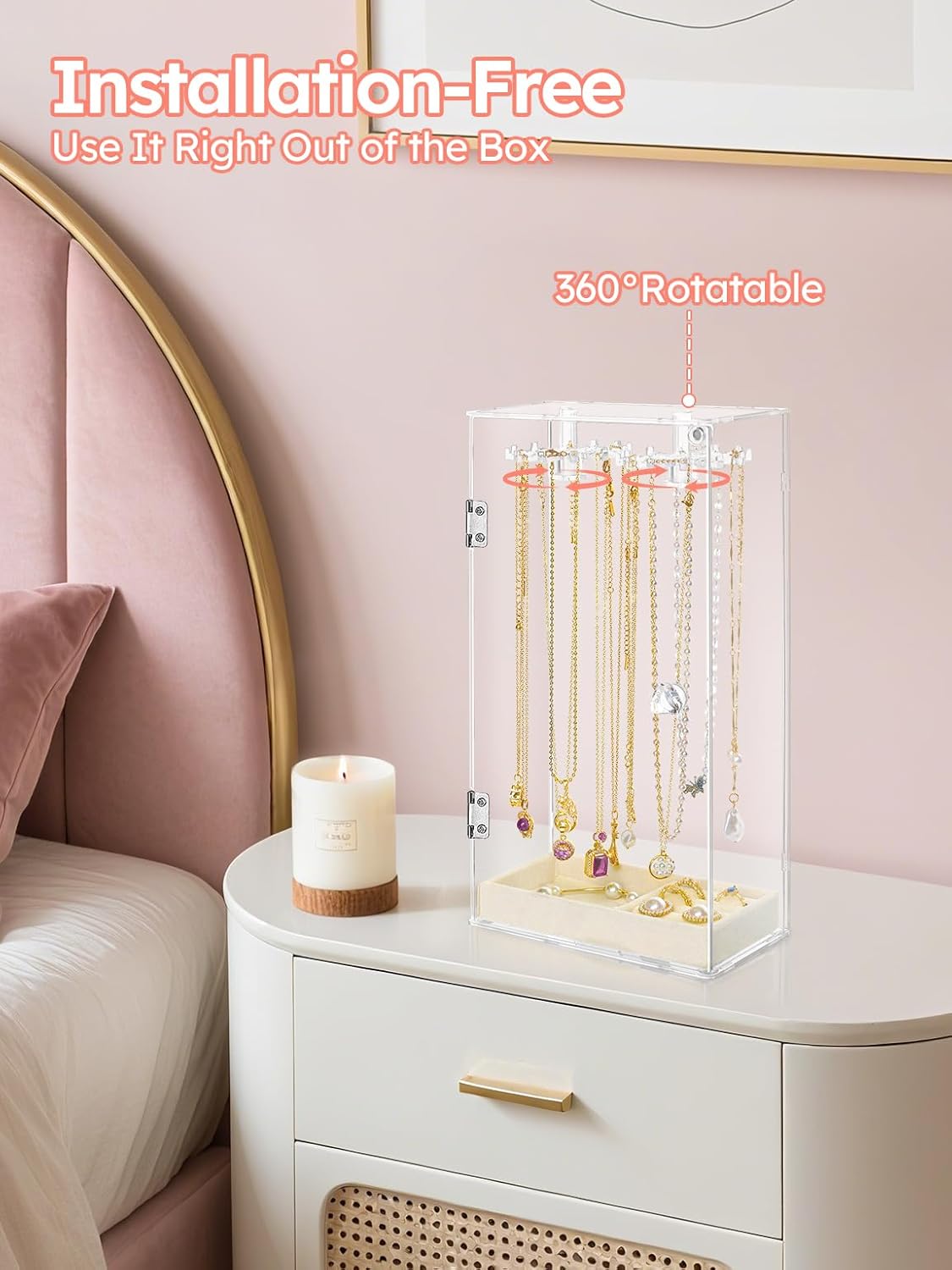 Cirhy Necklace Holder, Acrylic Necklace Organizer with 24 Rotating Hooks, Dust-Proof Jewelry Display Case for Necklaces, Pendants, Earrings, Rings, Enclosed Clear Storage Stand with Velvet Lined Tray - Image 7
