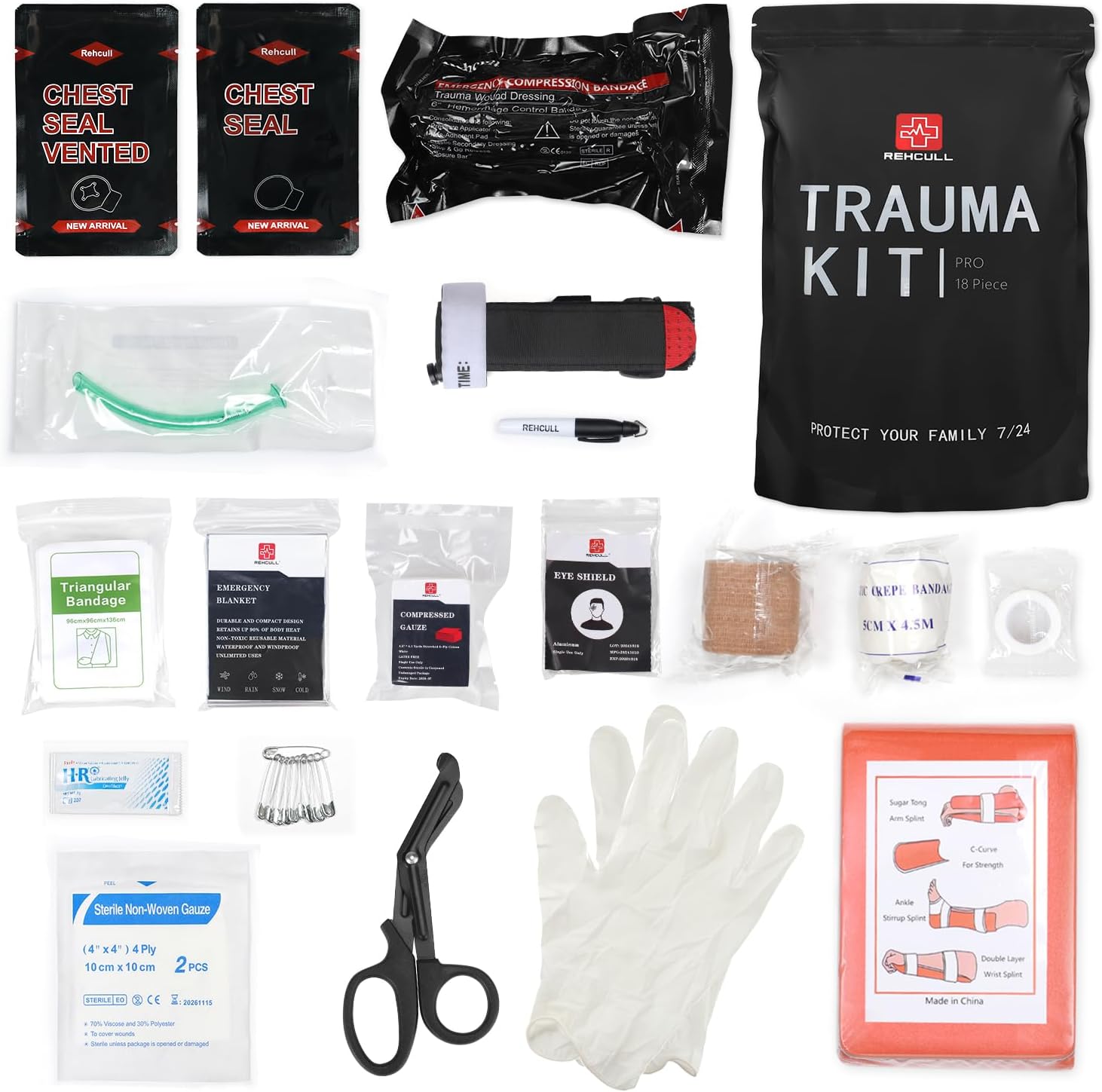 IFAK Trauma Equipment Professional, Tactical Emergency Medical First Assist Kits Refill Provides Survival Hemostatic Fight Wound Care Dressing Pack with Tourniquet, Israeli Bandage, 18pcs