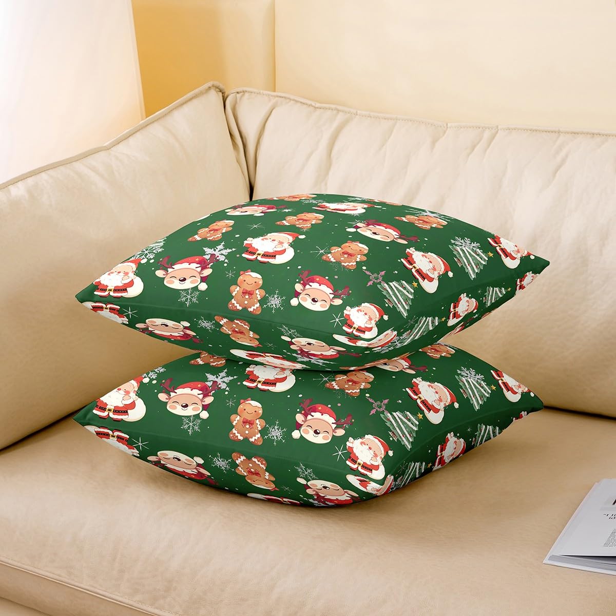 Homewish Juego de 4 fundas de almohada navideñas de 20 x 20 pulgadas, diseño de árbol de Navidad, diseño de ciervo de Papá Noel, fundas de almohada suaves para niños y niños, fundas de almohada