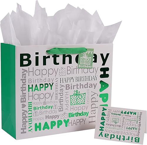 Elephant-package Bolsa de regalo grande blanca y verde con papel de seda, bolsa de regalo de feliz cumpleaños, 12.6 x 10.25 x 4.7 pulgadas, 1 unidad