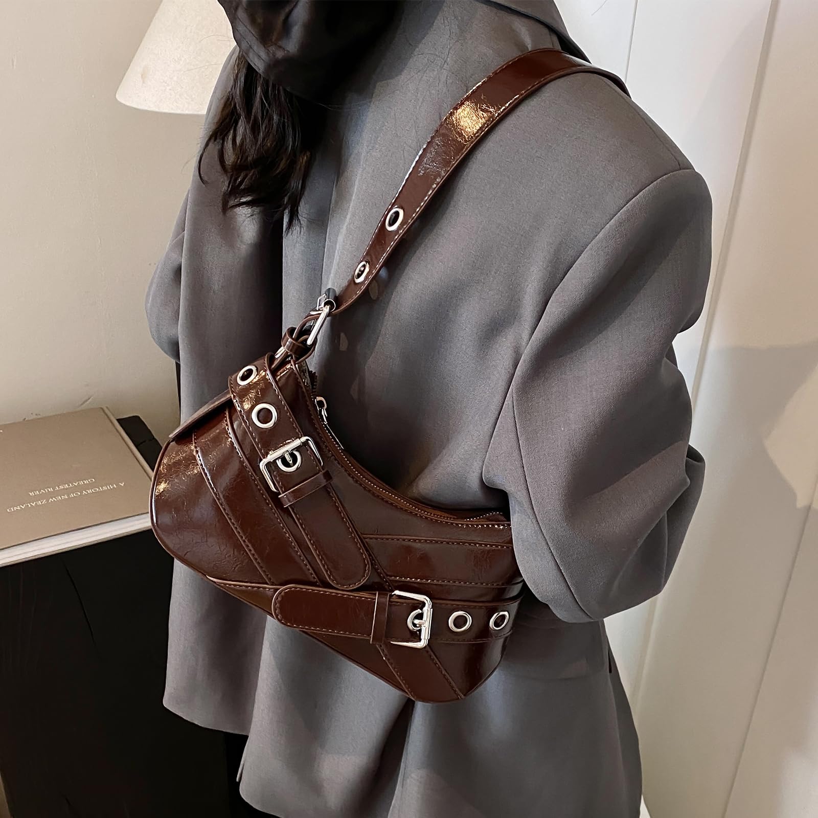 Sanxine Shoulder Bag for Women Y2k Small Purse Designer Punk Style Hobo Handbags Vegan Leather Trendy Crescent Bags (Coffee)